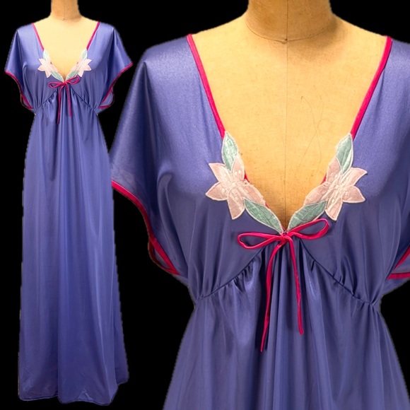 Vintage Other - VINTAGE 80s silky nylon nightgown maxi long gown purple blue short sleeve floral